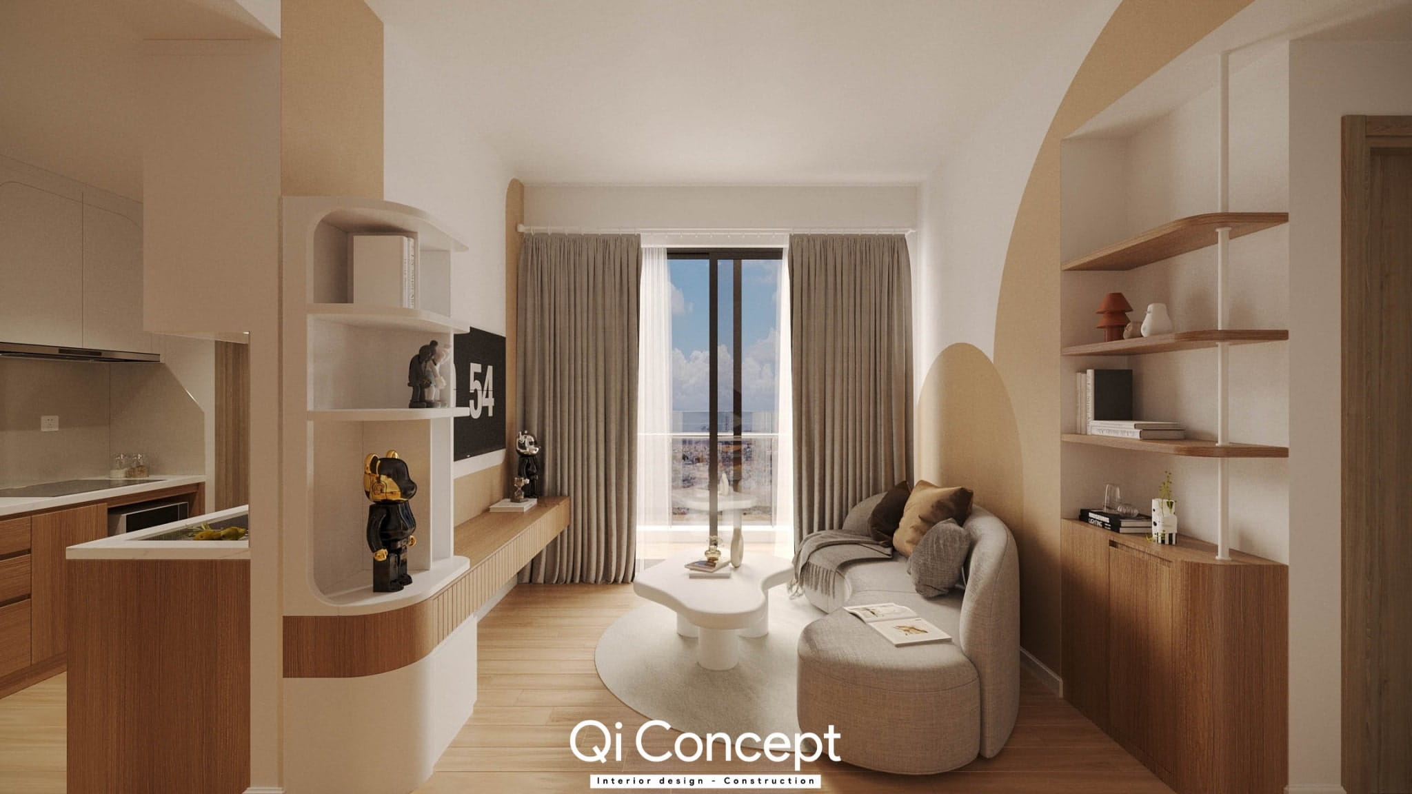 Thiết kế nội thất chung cư 55m2 với sofa cong và kệ trang trí độc đáo.