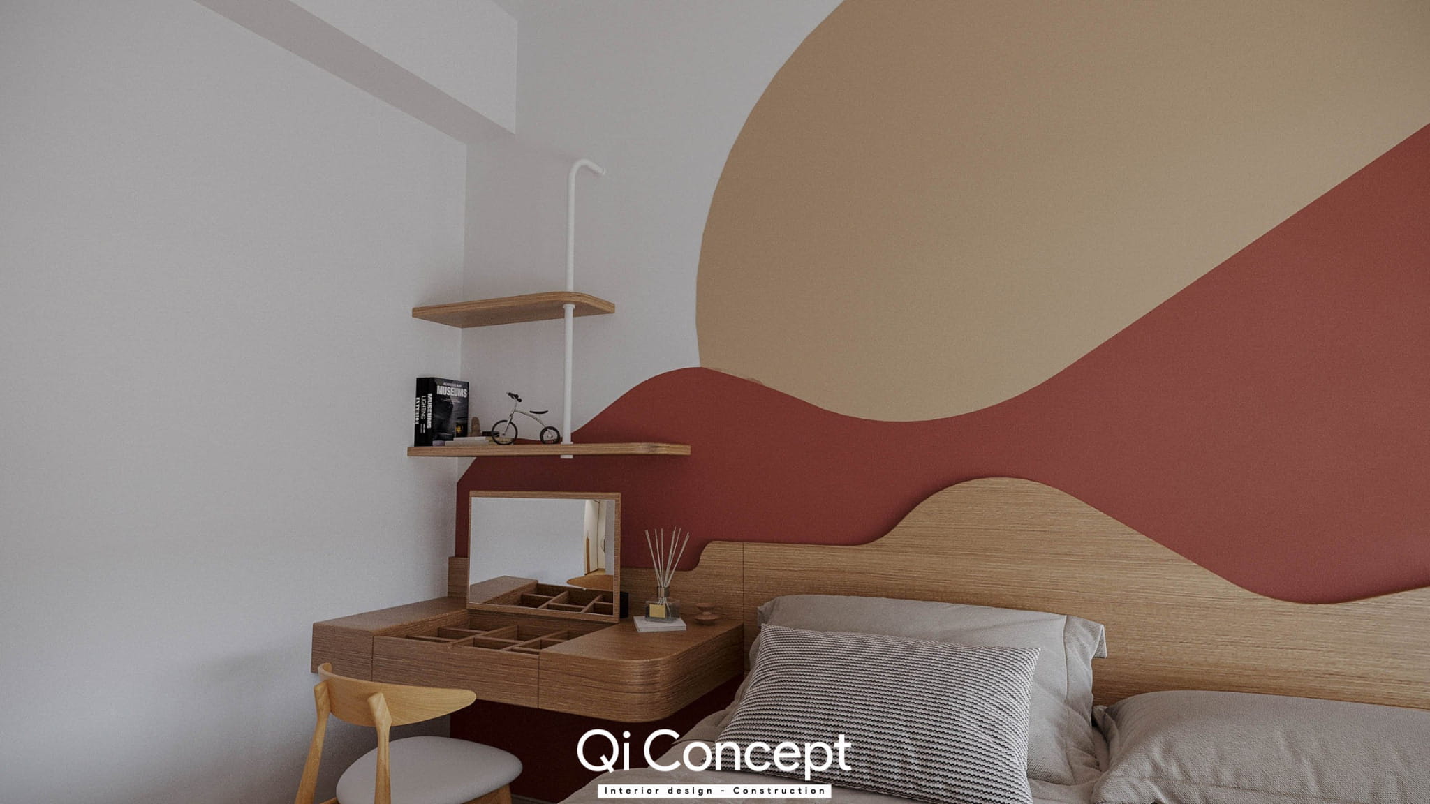 Bàn trang điểm trong phòng ngủ của mẫu thiết kế nội thất chung cư 55m2.