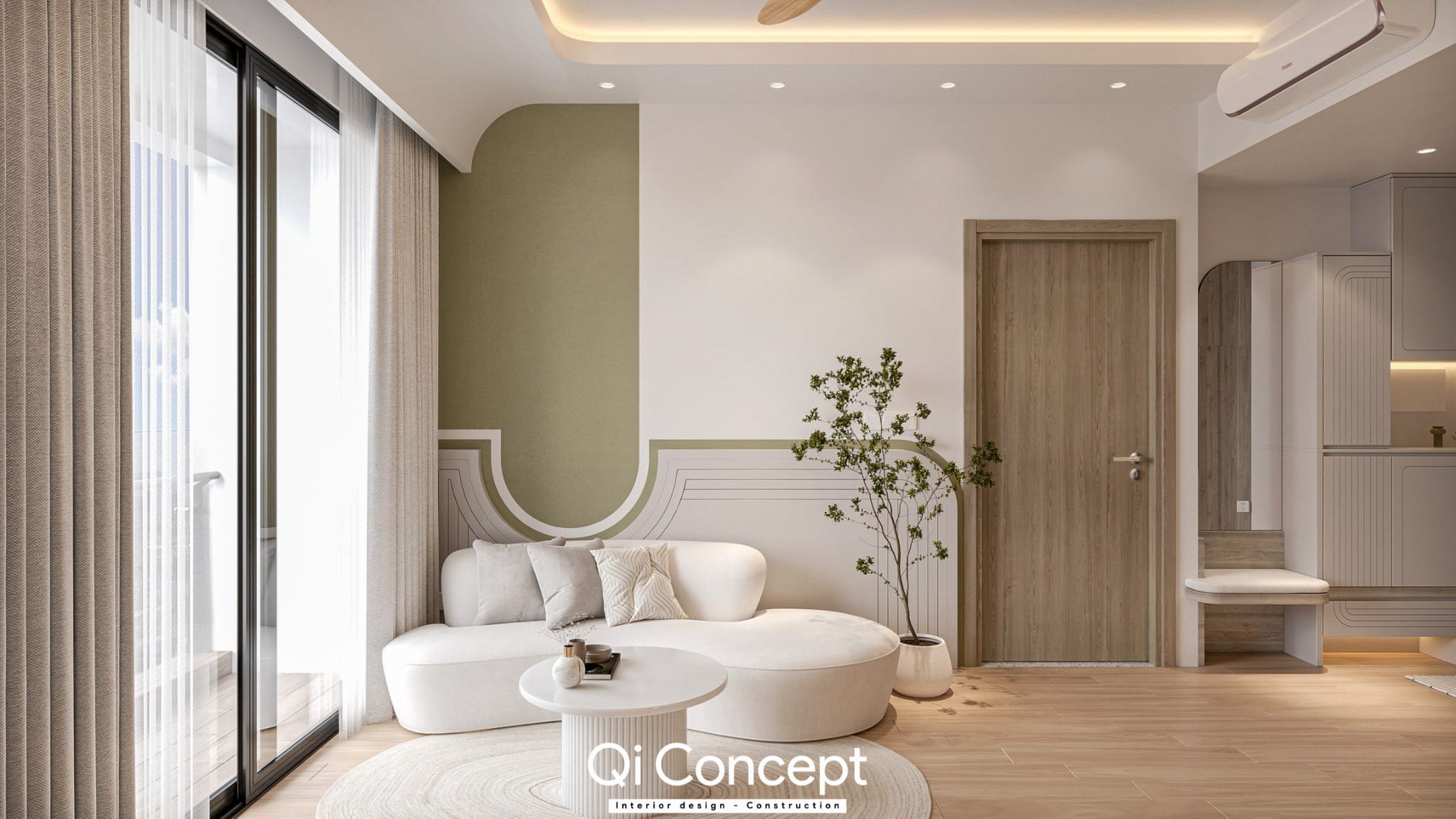 Phòng khách trong mẫu thiết kế nội thất chung cư 55m2 với sofa cong và tường màu xanh bơ.