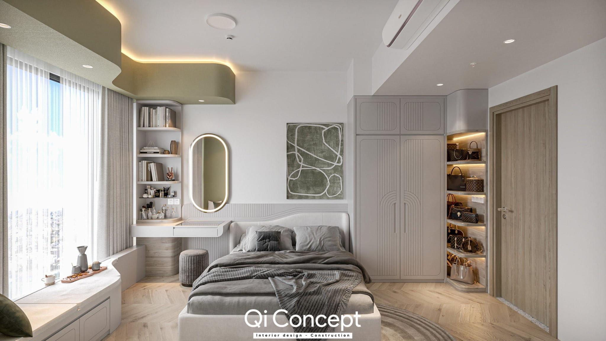 Phòng ngủ master trong mẫu thiết kế nội thất chung cư 55m2 với tủ quần áo và bàn trang điểm.