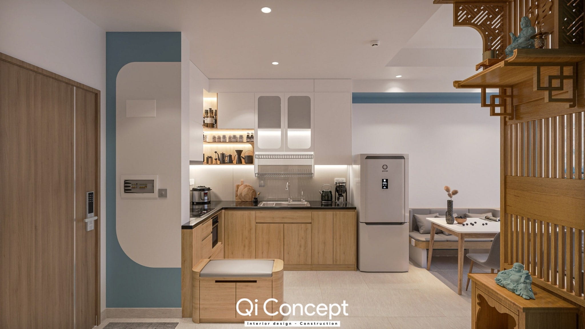 Khu vực bếp và lối vào trong mẫu thiết kế nội thất chung cư 55m2.