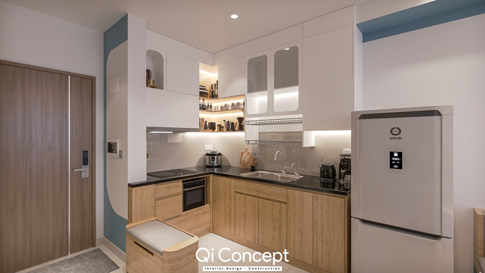 Thiết kế nội thất chung cư 55m2 với bếp chữ L nhỏ gọn, hiện đại.