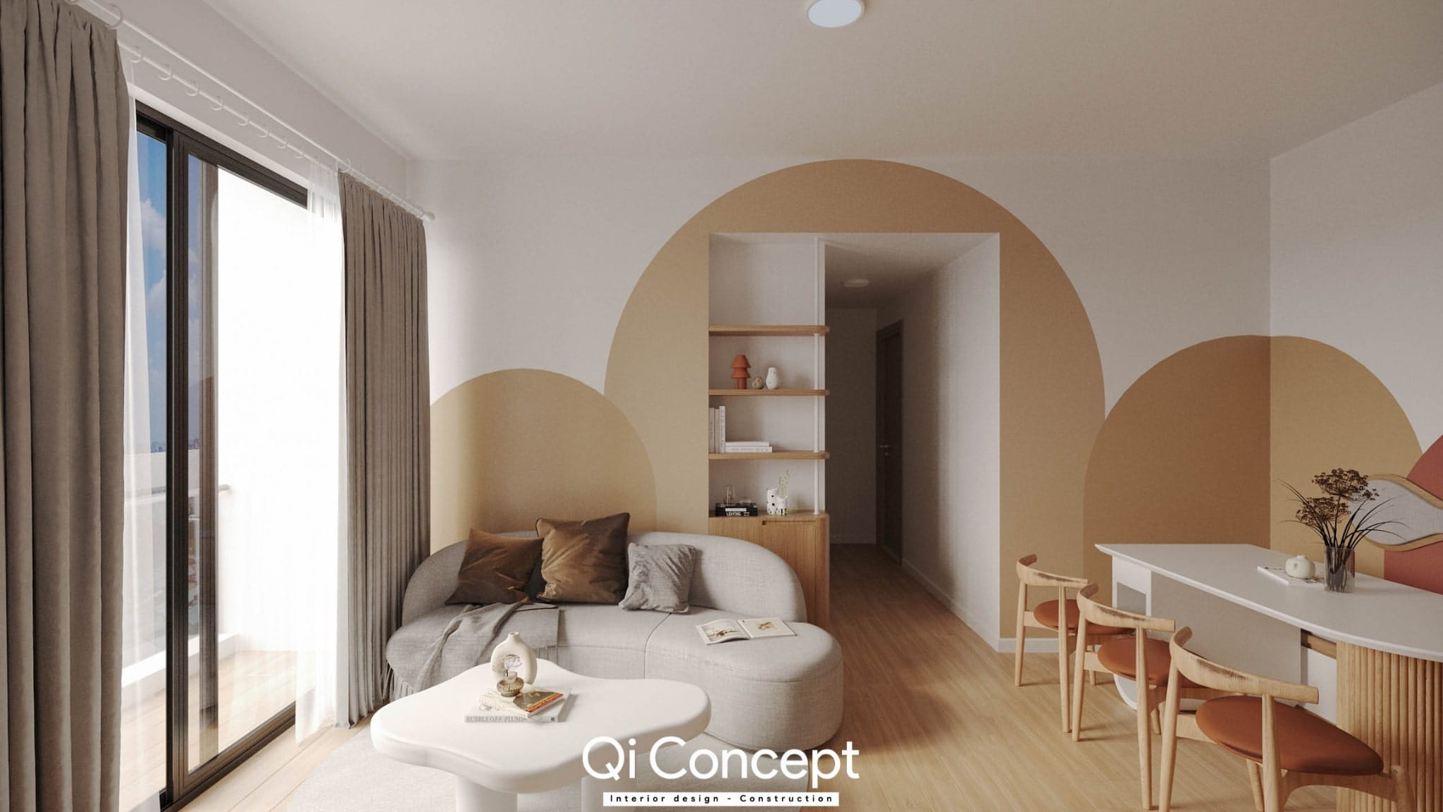 Phòng khách trong mẫu thiết kế nội thất chung cư 55m2 được trang trí tường sáng tạo.