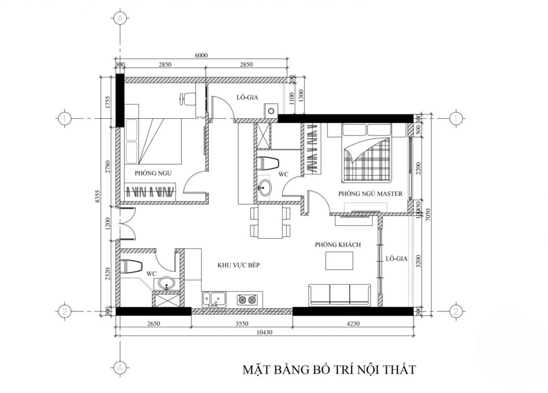 Ví dụ mặt bằng bố trí nội thất 2D cho căn hộ 60m2