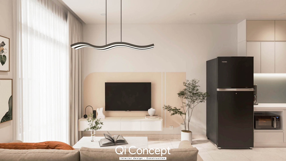 Khu vực kệ TV treo tường trong mẫu thiết kế nội thất chung cư 60m2 tông màu pastel nhẹ nhàng.