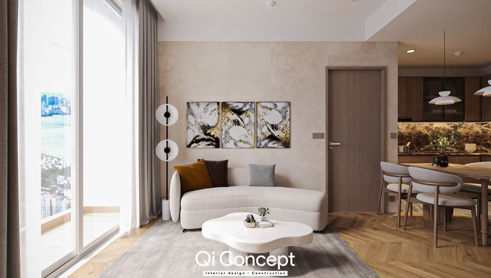 Thiết kế nội thất chung cư 60m2 sang trọng với sofa cong màu trắng và ban công thoáng đãng.