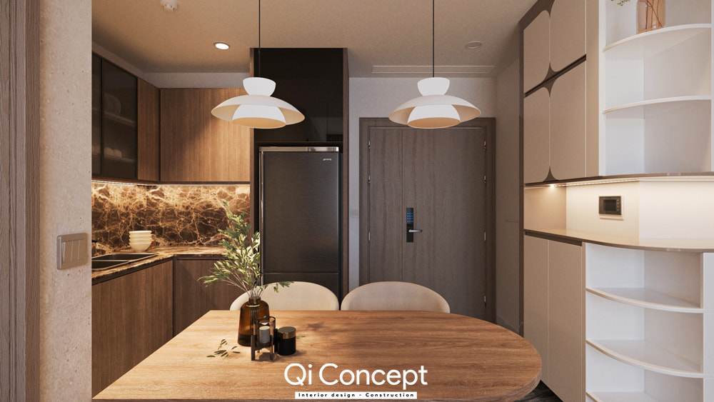 Thiết kế nội thất chung cư 60m2 với khu vực bàn ăn gỗ và bếp hiện đại có đá marble ốp tường.