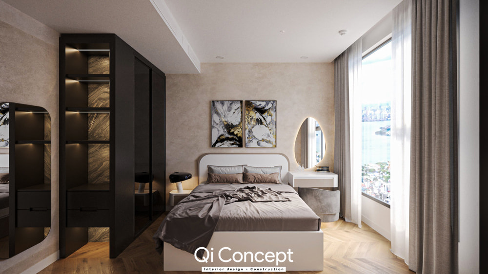 Thiết kế nội thất chung cư 60m2 với phòng ngủ master sang trọng, tủ áo cánh kính và cửa sổ lớn.