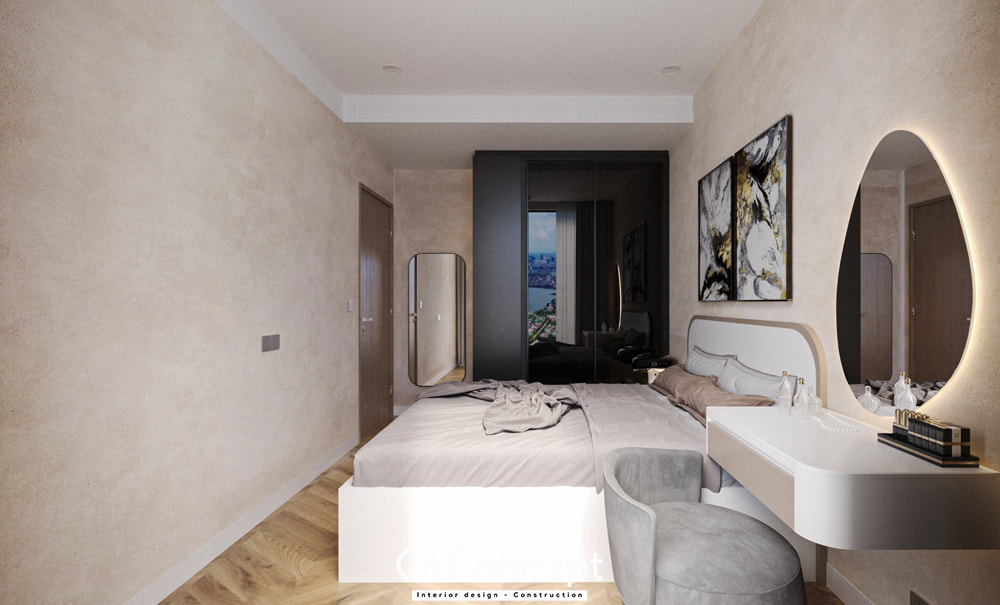 Phòng ngủ master với tường hiệu ứng và bàn trang điểm gương tròn có đèn led trong thiết kế nội thất chung cư 60m2.