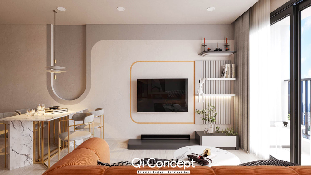 Thiết kế nội thất chung cư 60m2 với phòng khách sang trọng, sofa màu cam và kệ tivi trang trí đường cong.