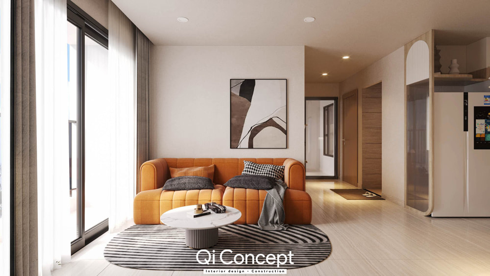 Phòng khách hiện đại trong thiết kế nội thất chung cư 60m2, nổi bật với sofa màu cam và thảm sọc.