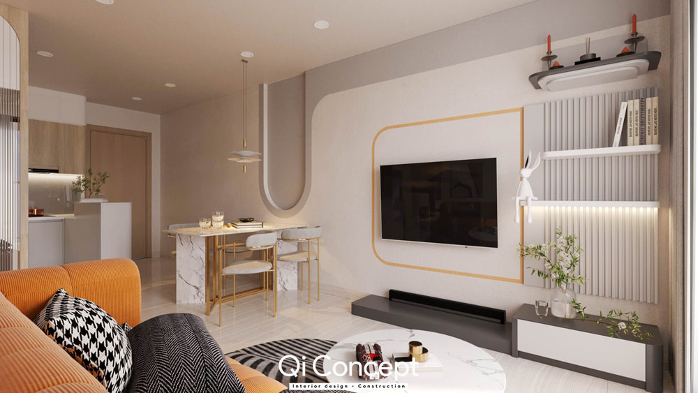 Toàn cảnh không gian phòng khách và bàn ăn trong thiết kế nội thất chung cư 60m2 hiện đại.