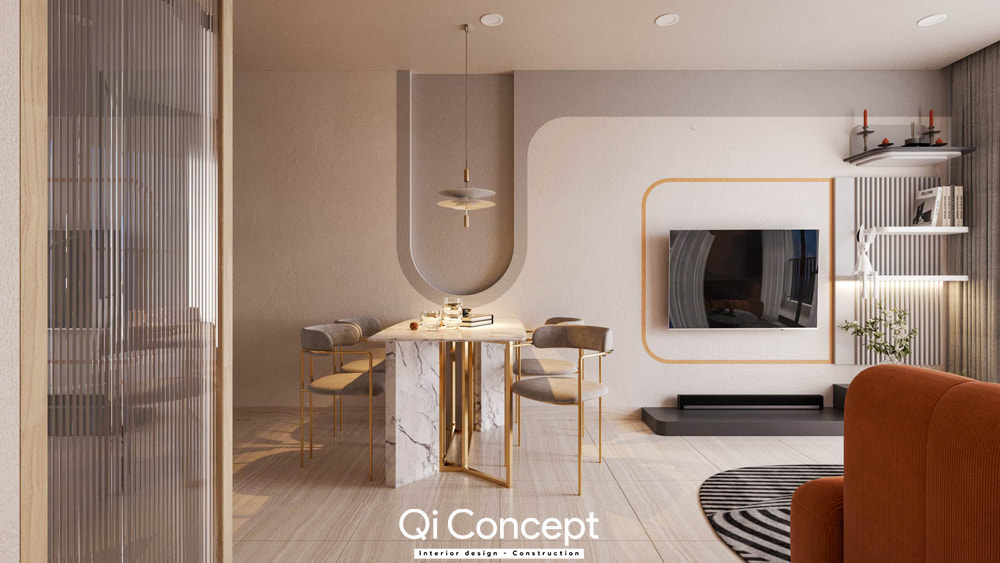 Khu vực bàn ăn chân đá marble trong mẫu thiết kế nội thất chung cư 60m2, có vách kính sọc ngăn cách.