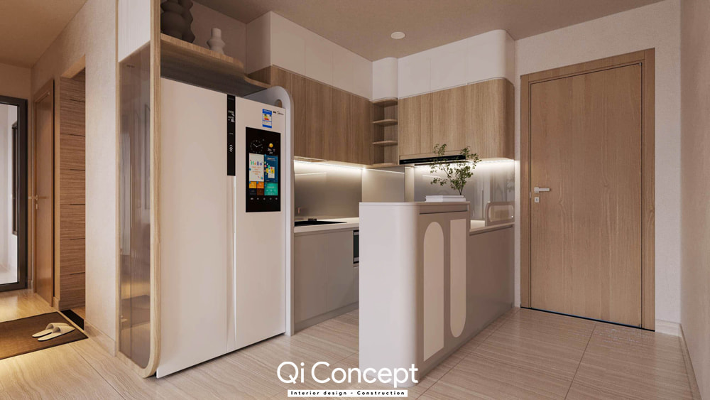 Thiết kế nội thất chung cư 60m2 với khu bếp thông minh, tủ lạnh side-by-side và tủ bếp bo cong.