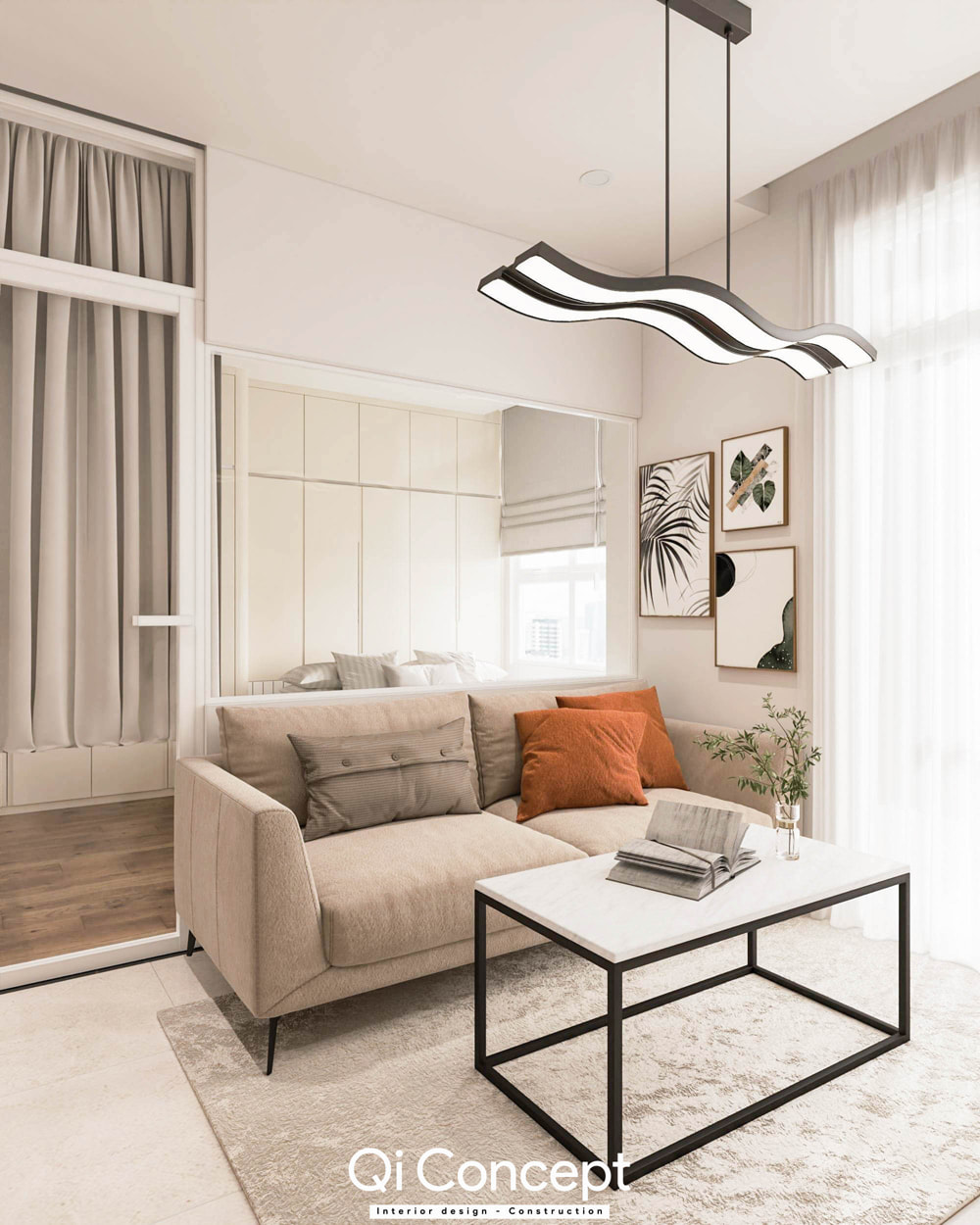 Mẫu thiết kế nội thất chung cư 60m2 với phòng khách sofa màu be và vách kính ngăn phòng ngủ.