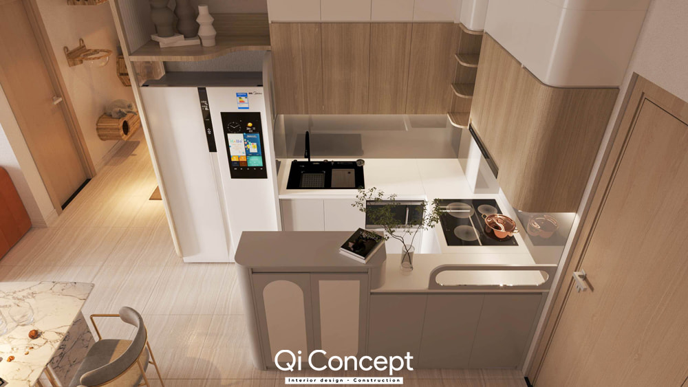 Góc nhìn từ trên xuống của khu bếp chữ L trong thiết kế nội thất chung cư 60m2.