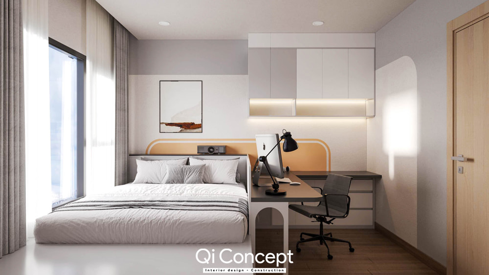 Phòng ngủ kết hợp bàn làm việc trong thiết kế nội thất chung cư 60m2, tông màu trắng và cam.