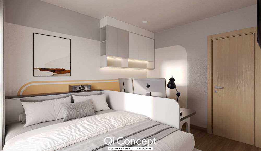 Giường ngủ với vách ngăn và bàn làm việc đôi trong thiết kế nội thất chung cư 60m2.