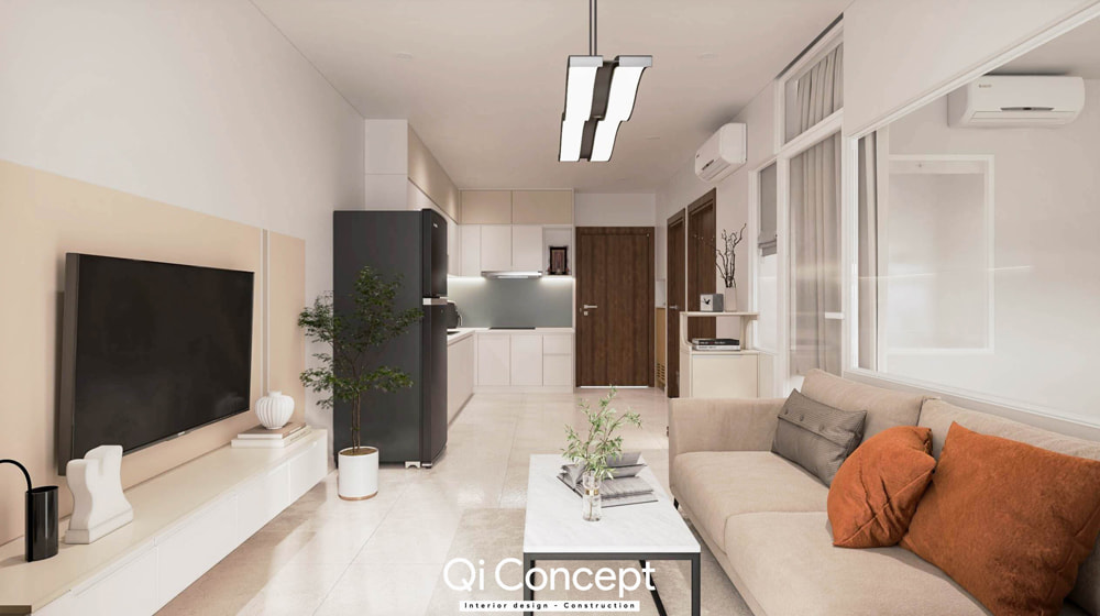 Không gian mở phòng khách và bếp trong thiết kế nội thất chung cư 60m2 hiện đại, tông màu trắng be.