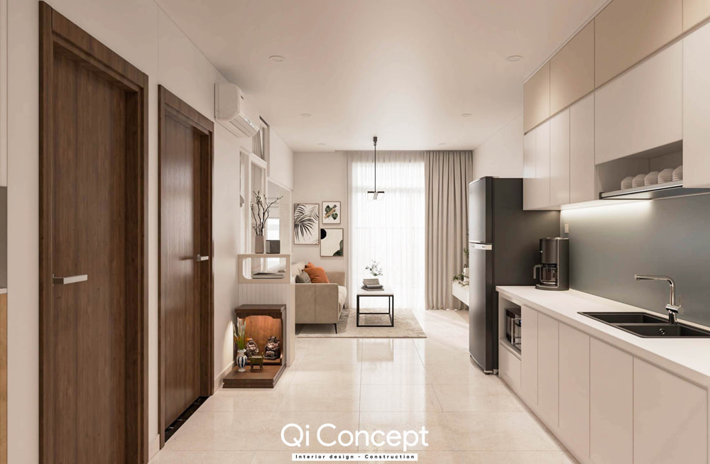 Toàn cảnh thiết kế nội thất chung cư 60m2 từ cửa ra vào, bao quát khu vực bếp và phòng khách.