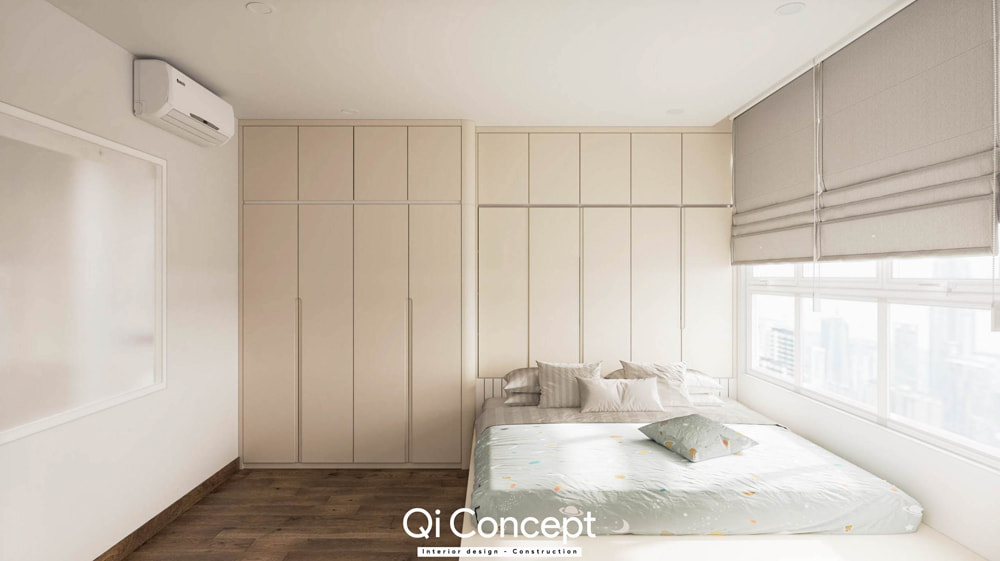 Thiết kế nội thất chung cư 60m2 với phòng ngủ tối giản và hệ tủ quần áo kịch trần màu be.