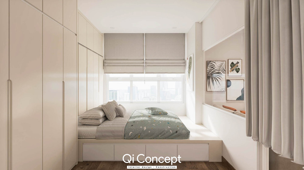 Giải pháp giường bục thông minh trong thiết kế nội thất chung cư 60m2 giúp tiết kiệm diện tích.