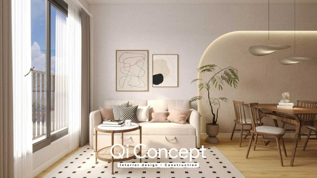 Phòng khách với thiết kế tối giản với điểm nhấn là những bức tranh treo tường