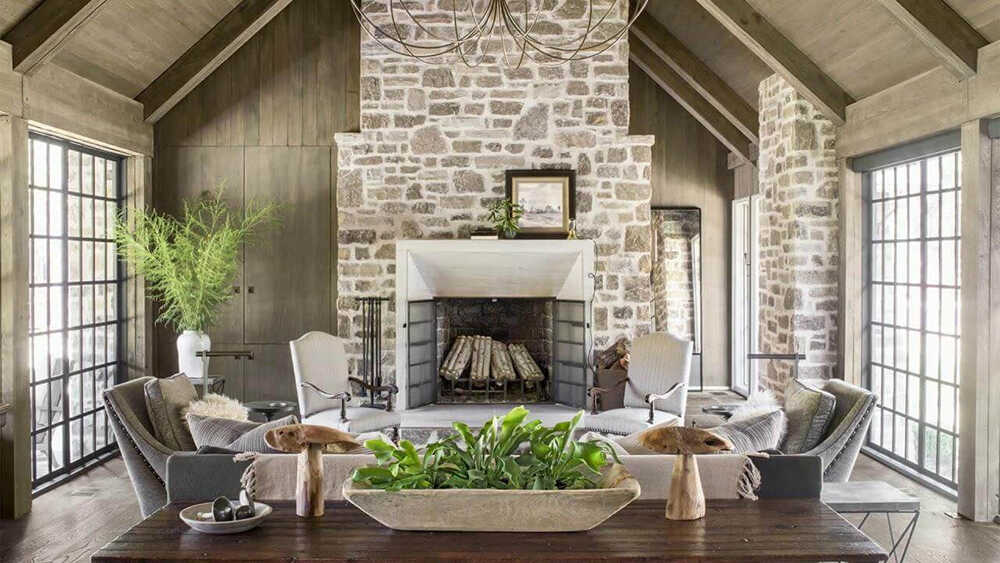 Không gian phòng khách ấm cúng mang đậm phong cách đồng quê Rustic.