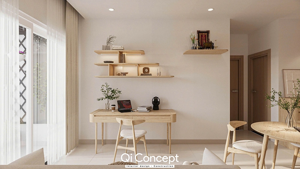 Góc làm việc nhỏ gọn bằng gỗ sồi trong mẫu thiết kế nội thất nhà phố.