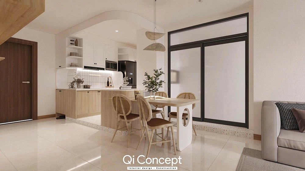 Khu vực bếp và bàn ăn trong thiết kế nội thất nhà phố, sử dụng sàn đá mài terrazzo.