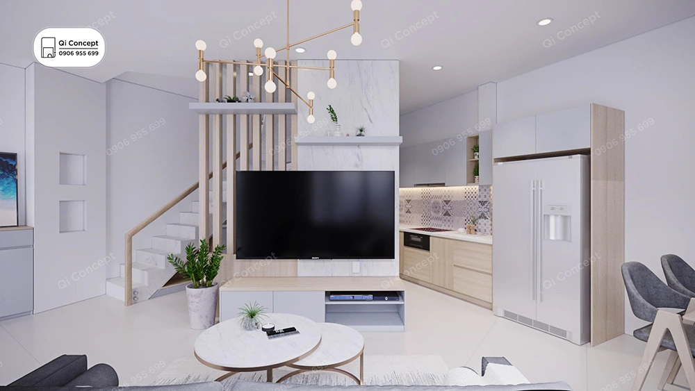 Mẫu thiết kế nội thất nhà phố nhỏ với phòng khách liền bếp và vách ngăn nan gỗ.