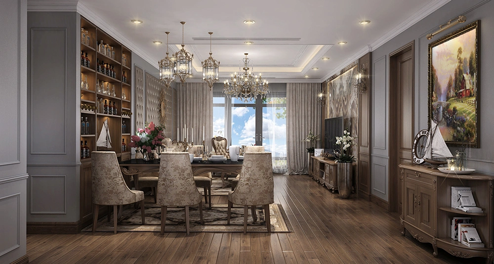 Mẫu thiết kế nội thất nhà phố phong cách tân cổ điển với phòng ăn và phòng khách sang trọng.