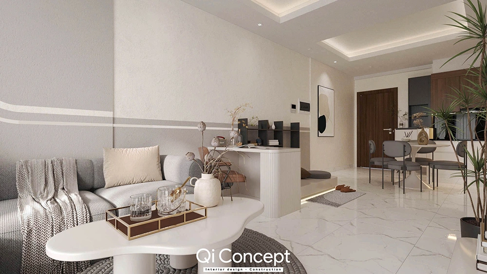 Thiết kế nội thất nhà phố với vách ngăn kiêm bàn làm việc độc đáo giữa các không gian.