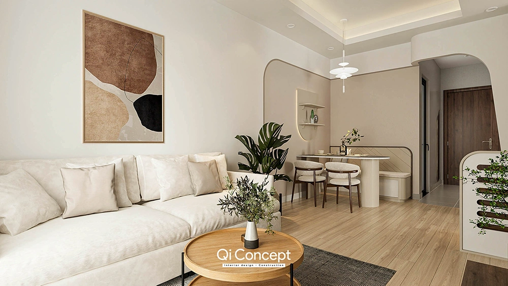 Mẫu thiết kế nội thất nhà phố với sofa trắng và góc ăn uống có băng ghế tích hợp.