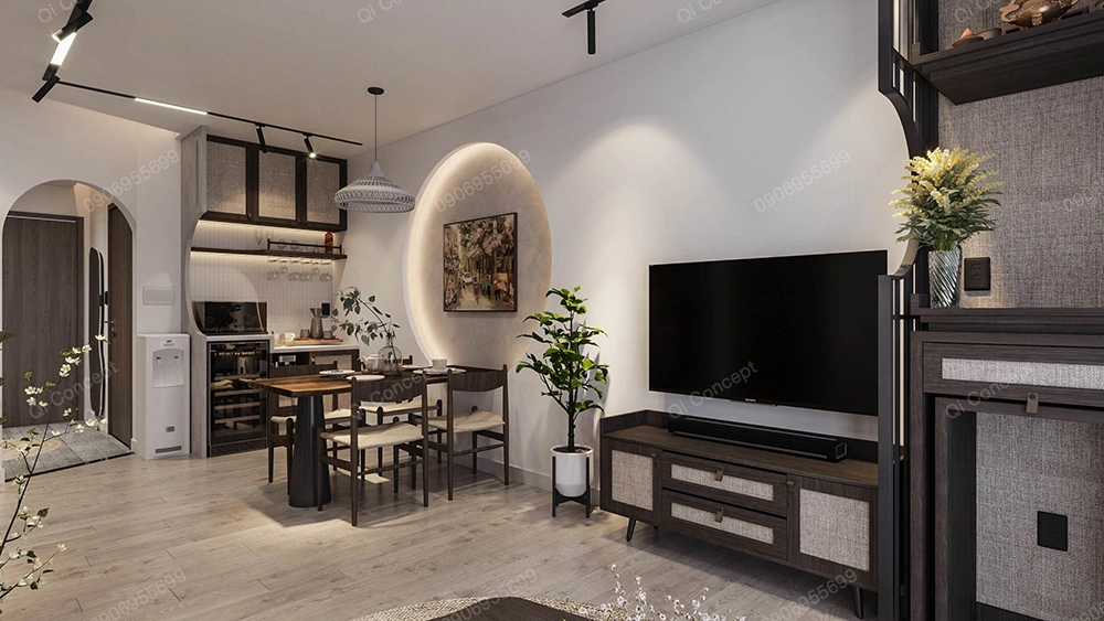 Thiết kế nội thất nhà phố với nội thất gỗ óc chó và hốc tường trang trí hình tròn.