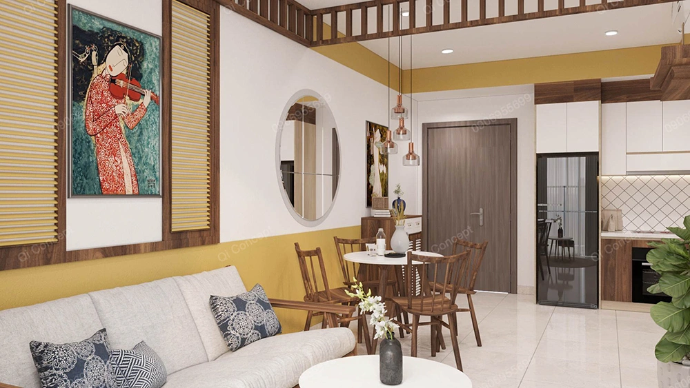 Thiết kế nội thất nhà phố phong cách Đông Dương với tường vàng, nội thất gỗ và tranh cô gái.