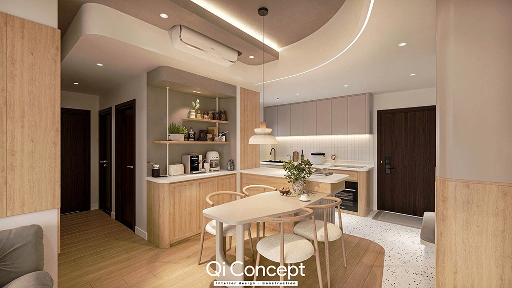 Khu vực bếp và bàn ăn phong cách Japandi trong thiết kế nội thất nhà phố.
