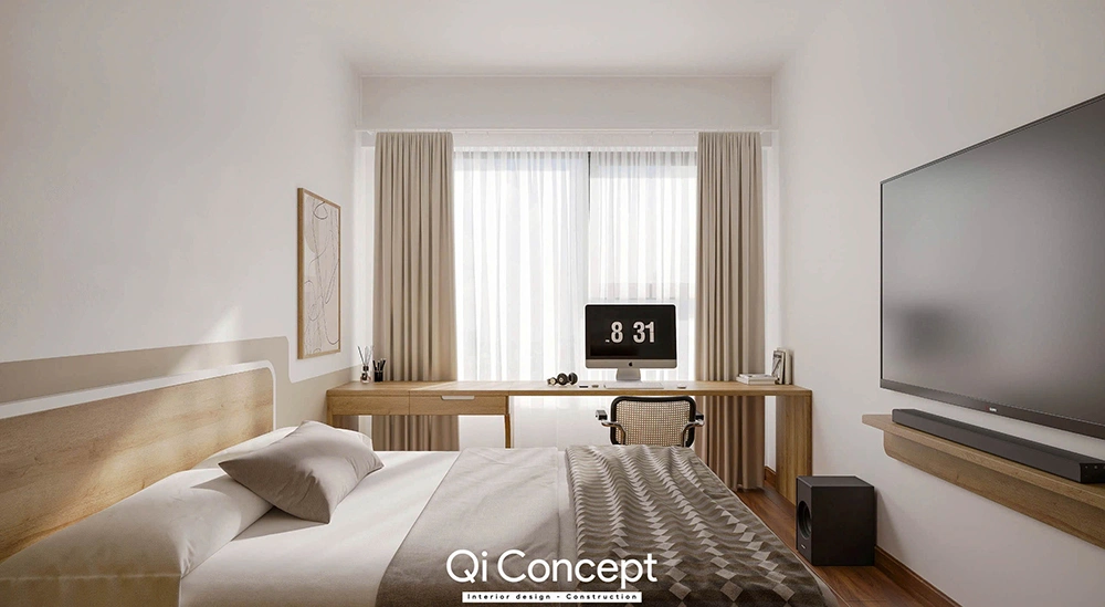Thiết kế nội thất nhà phố với phòng ngủ kết hợp bàn làm việc dài bên cửa sổ.