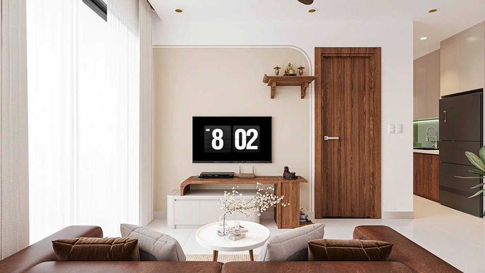 Phòng khách ấm cúng trong mẫu thiết kế nội thất nhà phố với bàn thờ treo tường nhỏ gọn.
