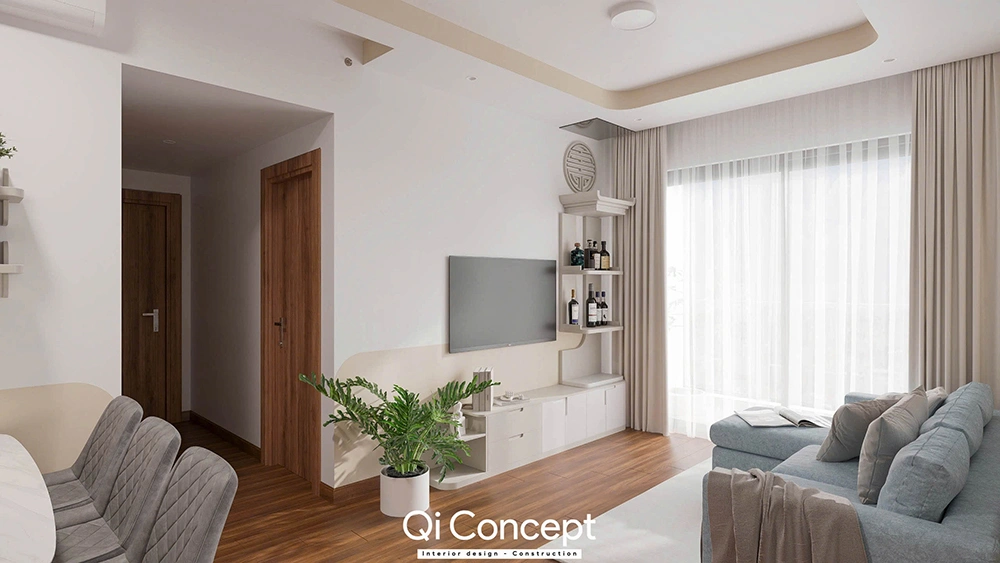 Thiết kế nội thất nhà phố với phòng khách sofa xanh và kệ tivi kết hợp bàn thờ.