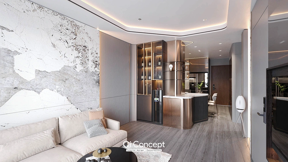 Thiết kế nội thất nhà phố cao cấp với tường ốp đá marble và quầy bar mini hiện đại.