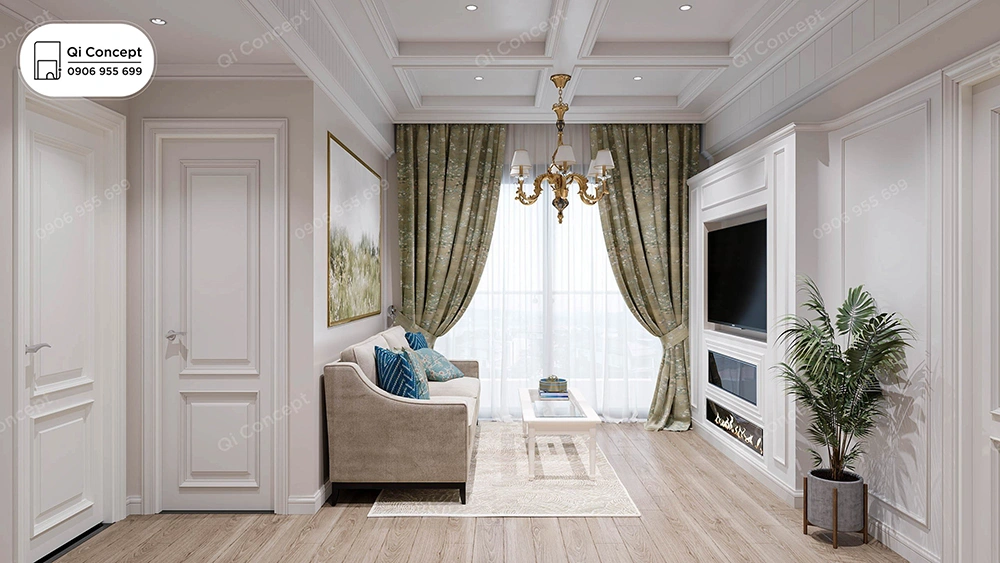 Mẫu thiết kế nội thất nhà phố phong cách tân cổ điển với lò sưởi trang trí và rèm cửa họa tiết.