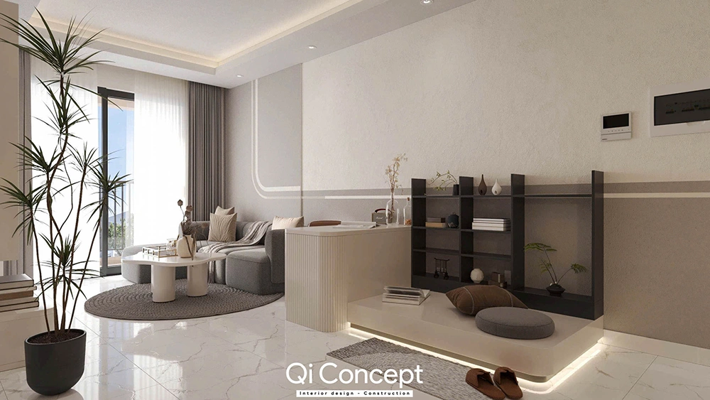 Thiết kế nội thất nhà phố với phòng khách có bục ngồi thư giãn cạnh cửa sổ.