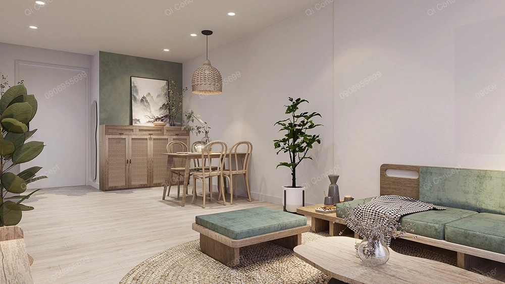Thiết kế nội thất nhà phố phong cách Wabi-sabi với nội thất gỗ mộc mạc và cây xanh.