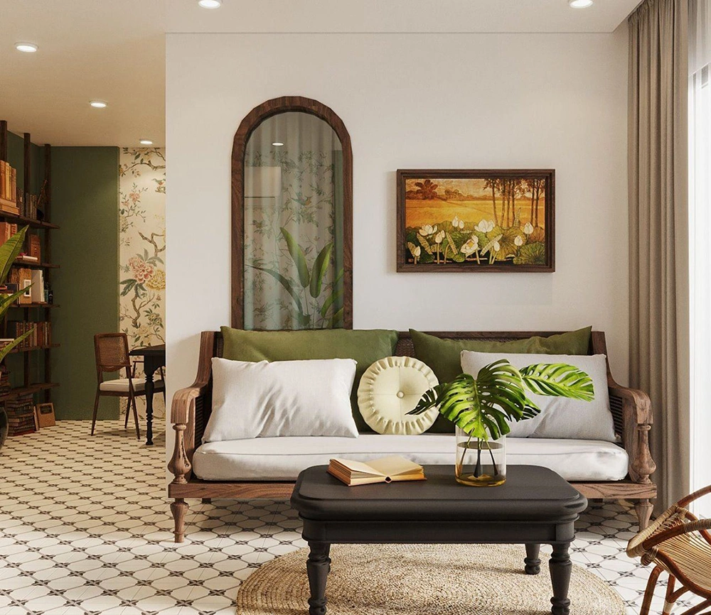 Phòng khách trong thiết kế nội thất nhà phố phong cách Indochine với sofa gỗ và gạch bông.