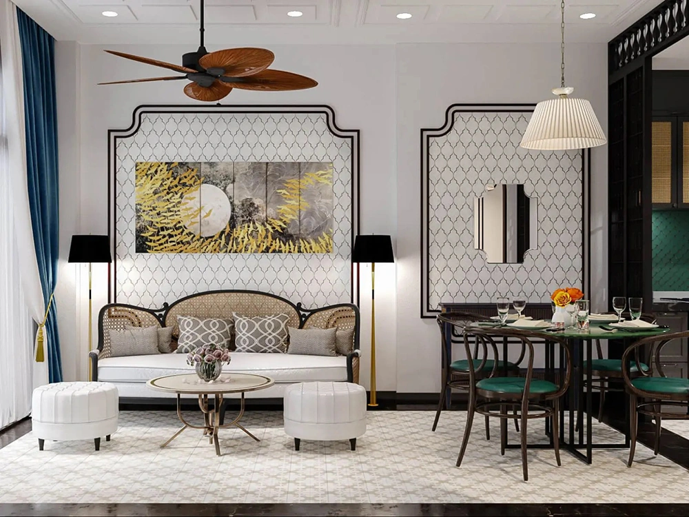 Mẫu thiết kế nội thất nhà phố phong cách Indochine với sofa mây tre đan và vách trang trí họa tiết.