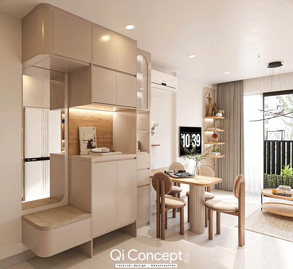 Hệ tủ giày đa năng kết hợp ghế ngồi trong thiết kế nội thất nhà phố nhỏ gọn.