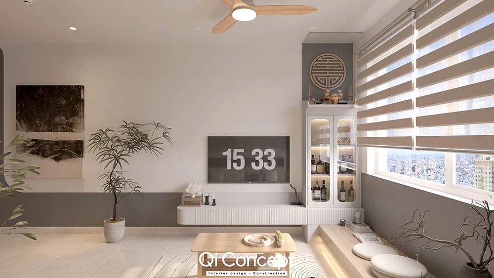 Thiết kế nội thất nhà phố với phòng khách tông xám và tủ thờ nhỏ gọn bên cửa sổ.