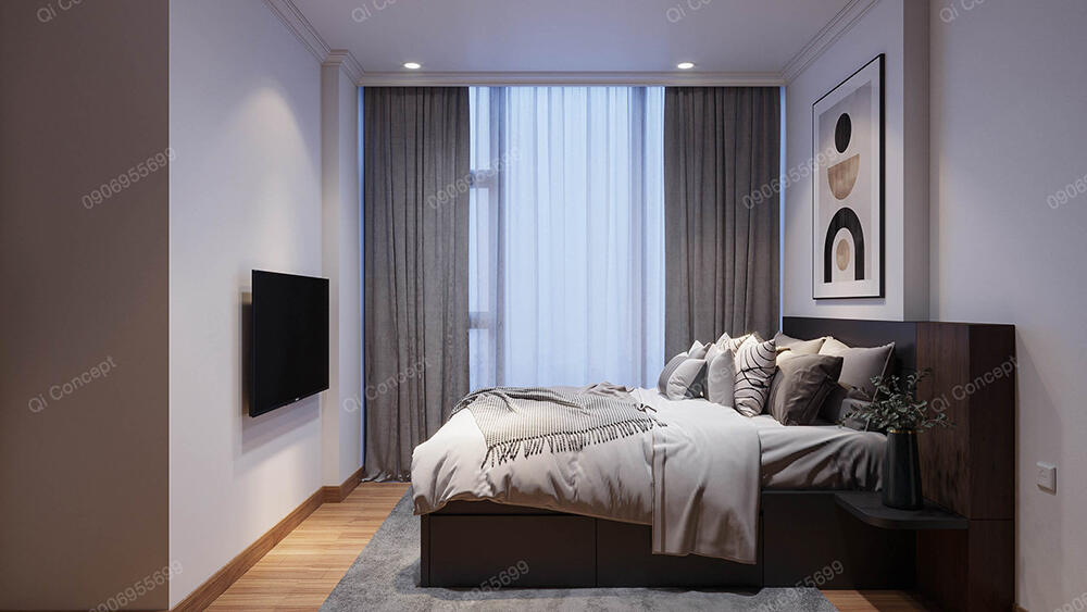 Ánh sáng dịu nhẹ từ đèn ngủ và đèn trần giúp tạo cảm giác thư giãn, dễ chịu