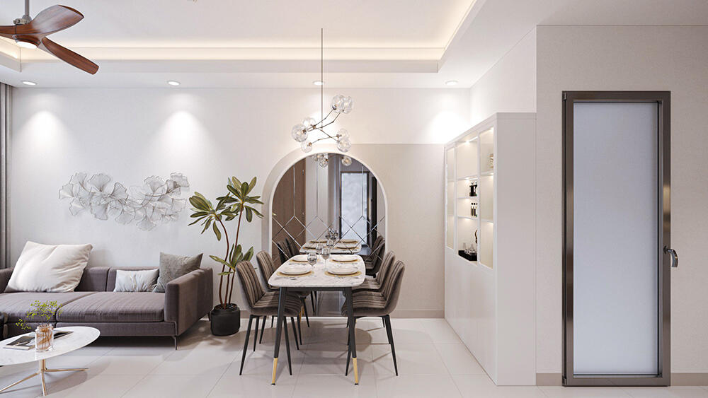 Khu vực ăn uống trở nên sang trọng hơn khi có kết hợp giữ đèn led và đèn treo trần